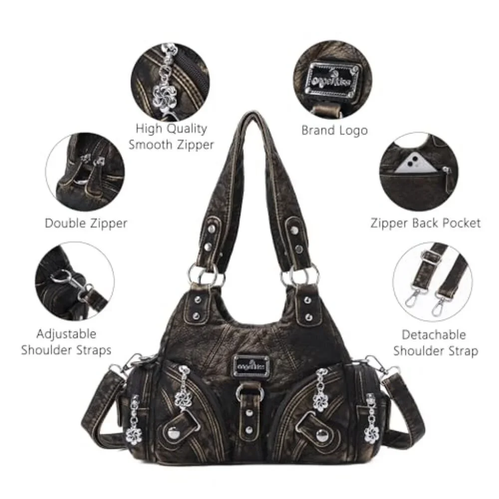 Small Hobo Shoulder Bag Vegan Leather Multi-Pocket Tote Zipper Classic Chic